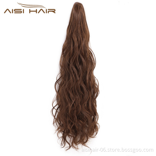 Aisi Hair Synthetic Long Wavy Claw On Ponytail Hair Extensions Brown Color Pony Tail Hairpieces for Women